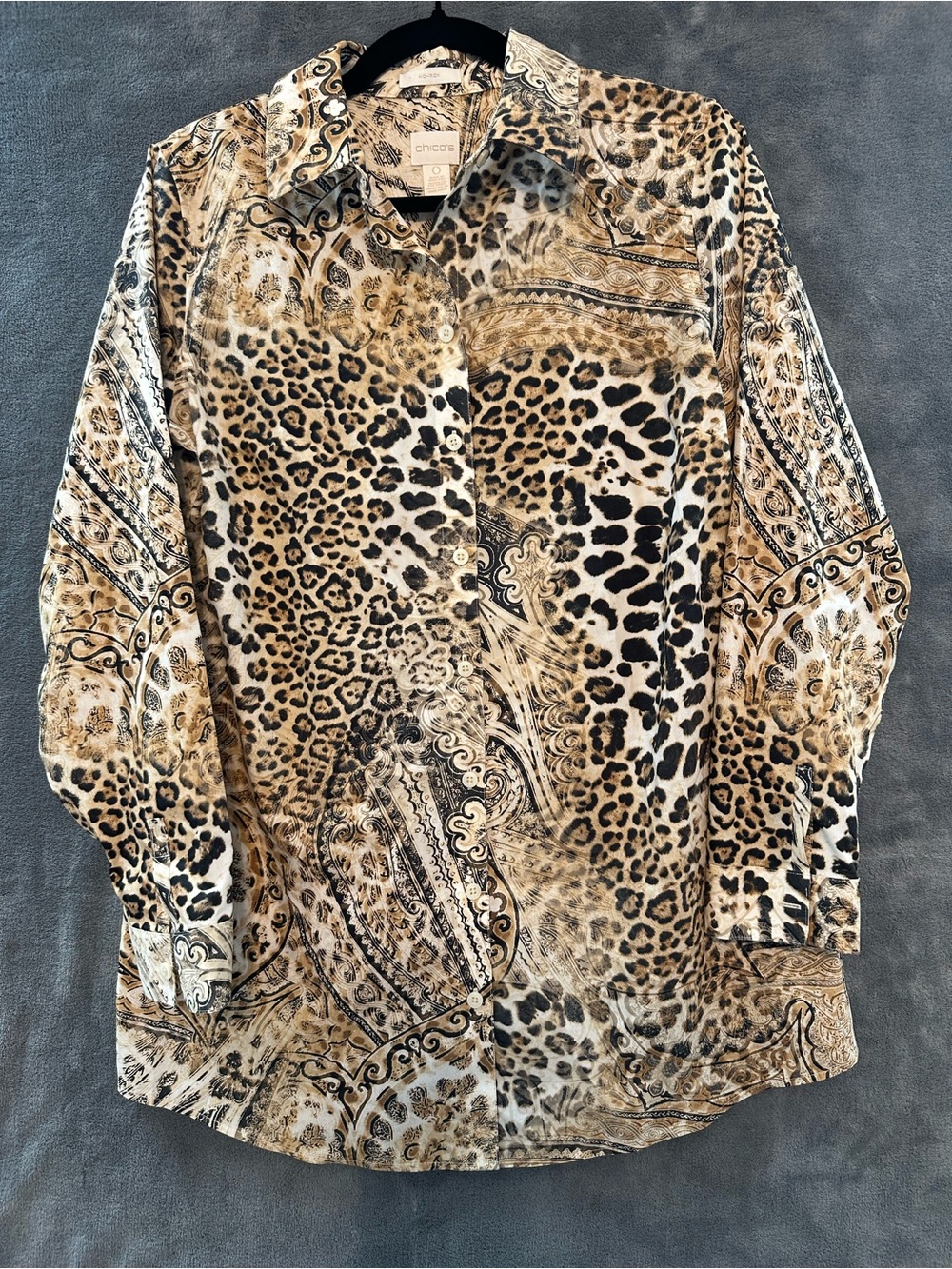 Chico's Animal Print Button-Down Shirt in Tan, Black & Cream